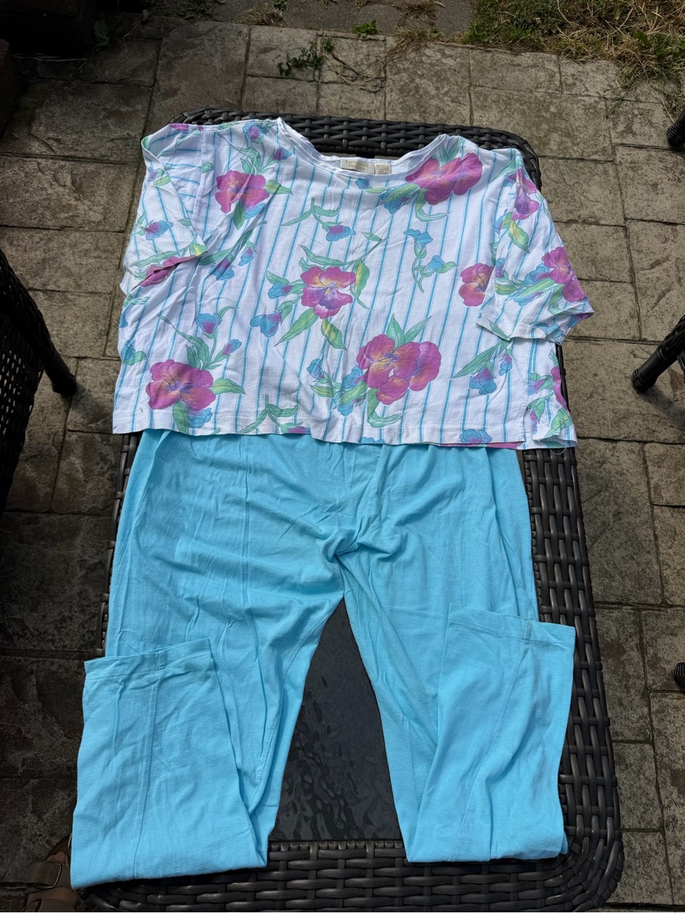 Vintage Victoria's Secret Floral Stripe Pajama Set - Light Blue & Pink